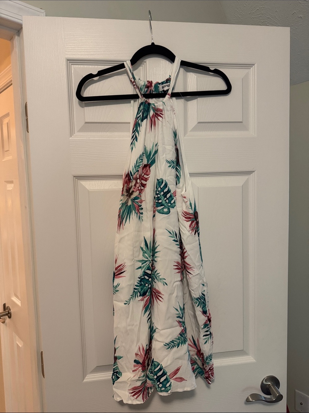 BB Dakota White Tropical Halter Sundress with Teal & Coral Leaf Print